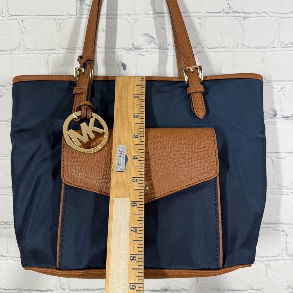 Michael Kors Canva Shoulder Tote Women Blue Colorblock Leather Trim Preppy Bag - Picture 5 of 16